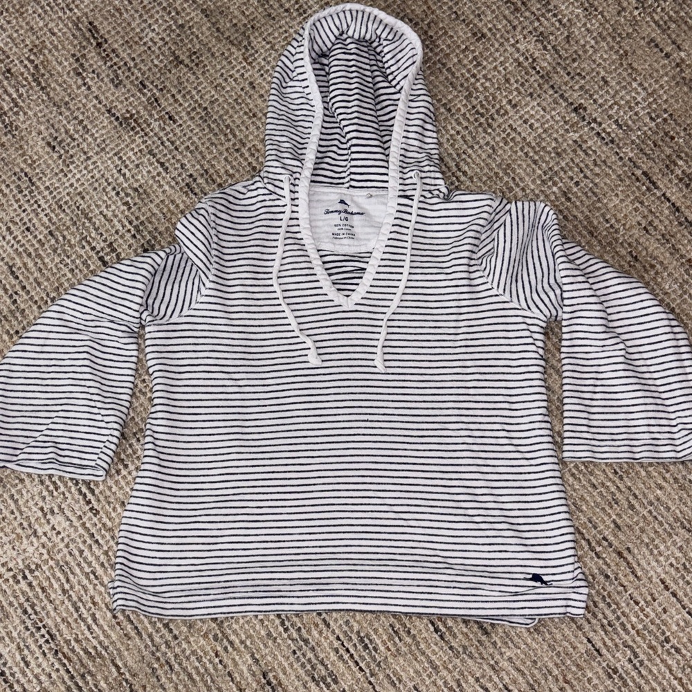 Tommy Bahama White & Navy Striped Hooded Pullover